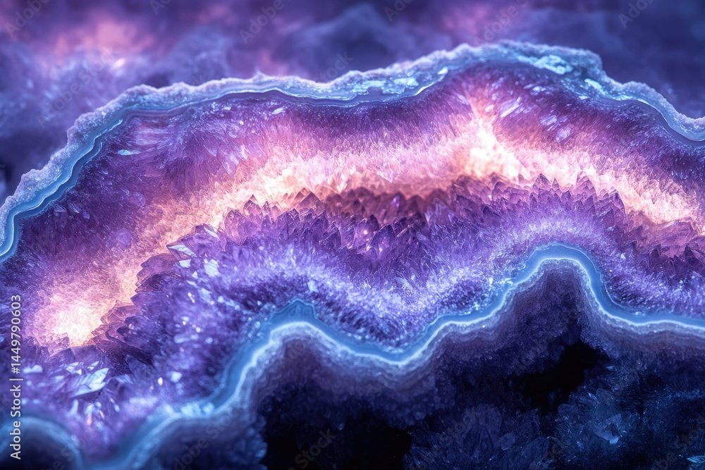 Poster a mesmerizing close-up of a vibrant amethyst geode, showcasing its intricate crystal formations and 
