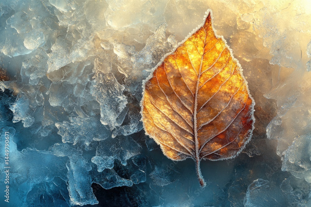 Aufkleber A single, frost-covered autumn leaf rests on a bed of intricately patterned ice.