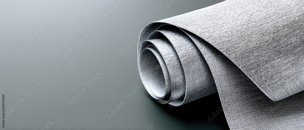 Poster a close-up of a rolled-up sheet of textured, metallic material on a smooth grey surface.