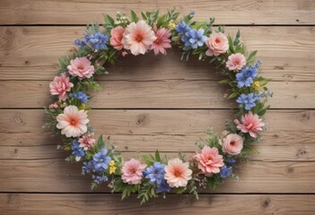 Fototapeta premium Delicate watercolor floral wreath on rustic wood Perfect for spring, garden themes , wedding, watercolor, shabby
