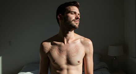 Fototapeta premium Handsome man portrait in sunlight at home shirtless male model with beard looking away in bedroom setting
