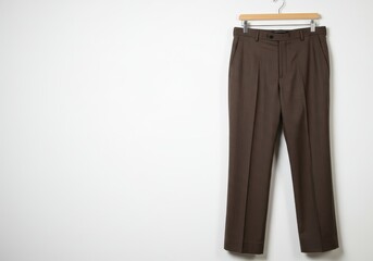 Brown dress pants hanging on a wooden hanger against a white wall with copy space for text