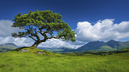solitary tree stands majestically lush green hillside, surrounded by rolling mountains and vibrant blue sky filled with fluffy clouds