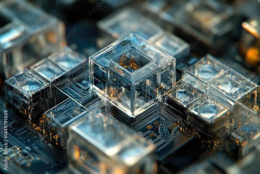 Poster Transparent cubes on a circuit board, representing advanced technology and digital innovation.