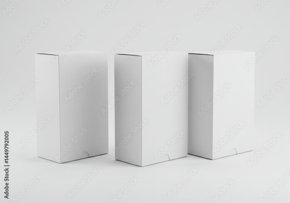 Poster three blank white boxes stand in a row on a white surface, ready for branding and product placement