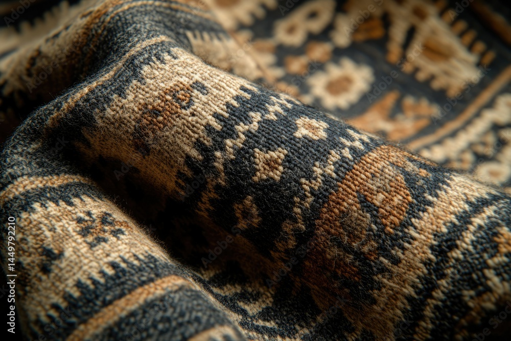 Poster close-up view of a richly textured rug with intricate, earthy-toned patterns and detailed weaving.
