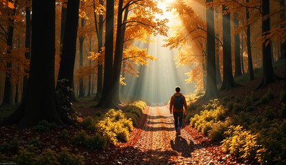 Morning autumn forest. A man is walking along the path.