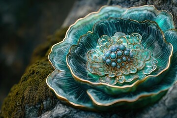 Obraz premium Intricate teal resin flower with gold accents, resembling a jewel-toned bloom.