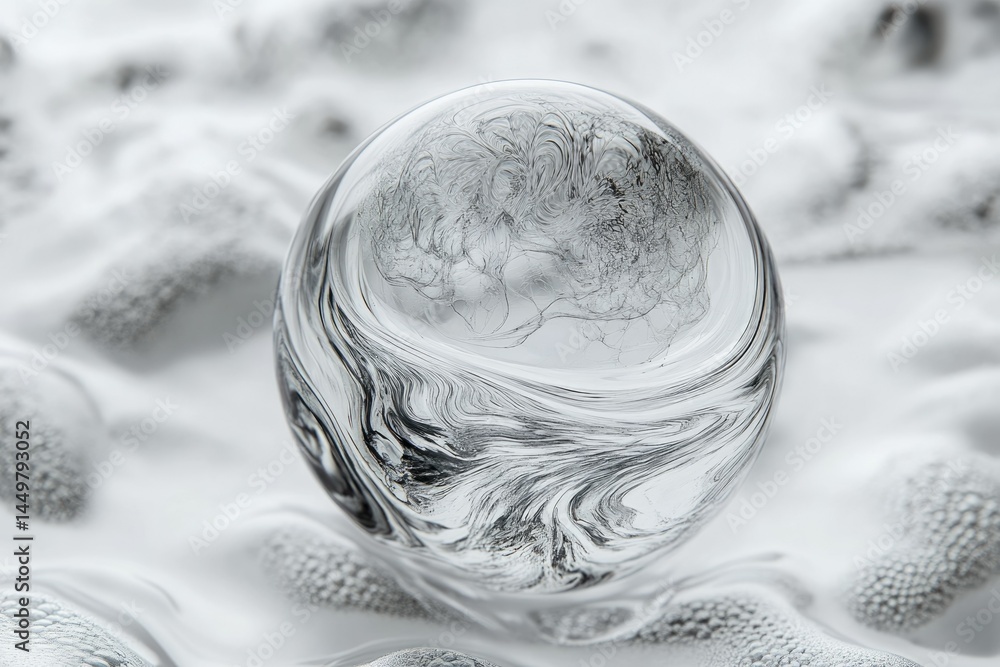Fototapete a grayscale sphere with swirling ink patterns rests on a textured surface.