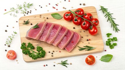 Top-down rustic food photo of raw tuna fillets arranged with tomatoes and herbs on wooden board