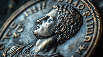 Close Up Of An Ancient Roman Coin Featuring A Profile