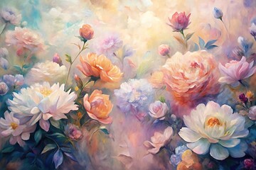 Colorful floral painting featuring roses and peonies set against a soft pastel background in a serene and dreamy atmosphere