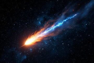 Comet with fiery and blue electric tail in starry space.