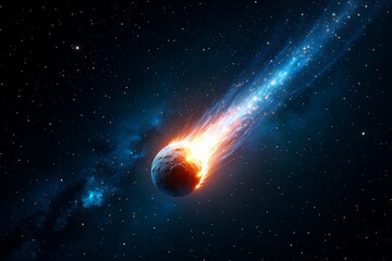 Comet with fiery and blue electric tail in starry space.