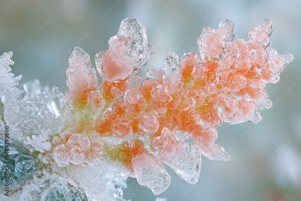 Poster a close-up of a frost-covered leaf, showcasing intricate ice formations and delicate textures.