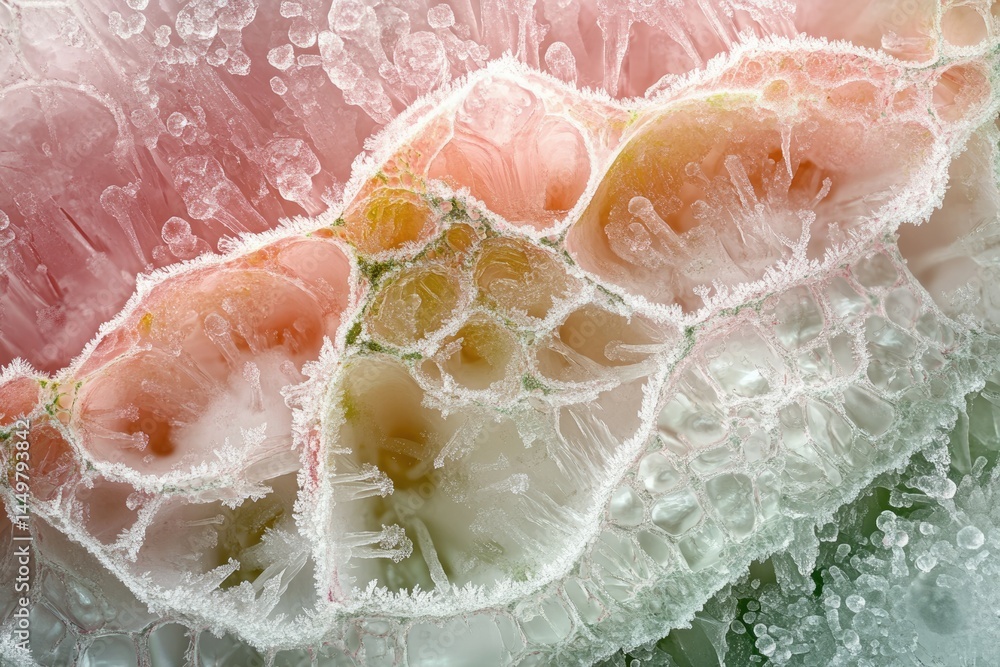 Aufkleber a close-up of a frozen plant cell structure, revealing intricate patterns and textures in delicate p