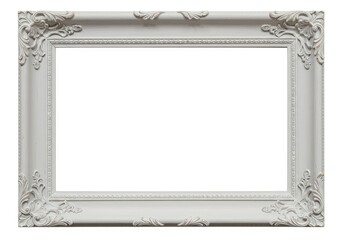 Ornate white picture frame with decorative carvings and a blank center on a white background, perfect for art