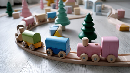 Wooden toy train and railway among trees on the floor. Children's toy. 