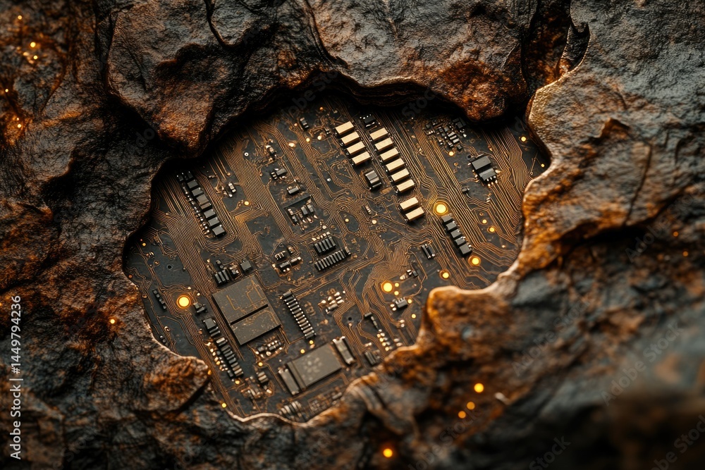 Aufkleber A circuit board embedded within a rugged, rocky surface, suggesting technological integration with nature or ancient technology.