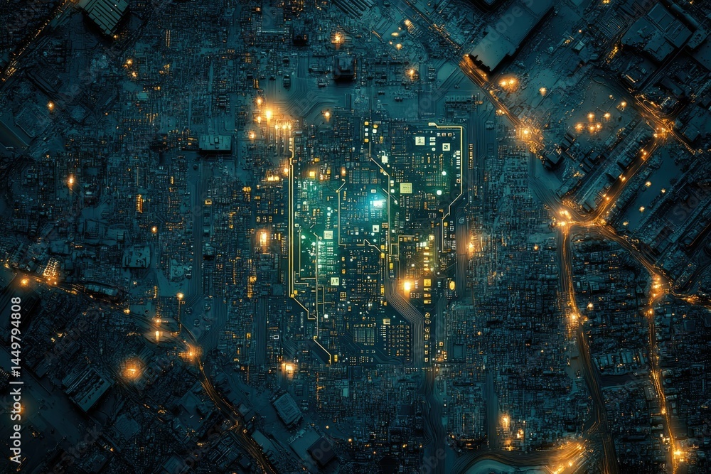Poster a futuristic city's infrastructure resembles a complex circuit board, showcasing technological integ