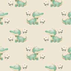 Seamless crocodile pattern with flowers on warm beige background
