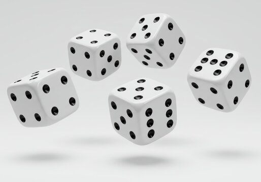 Five white dice with black spots floating against a light gray background in a studio shot - Powered by Adobe