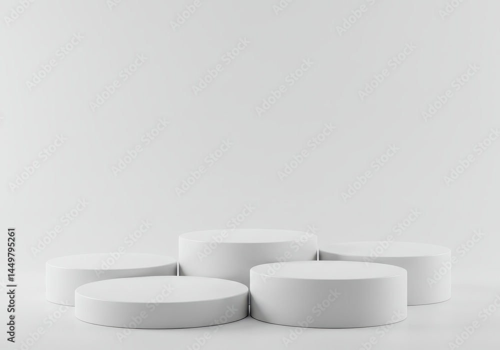 Poster five white round podiums arranged in a staggered row against a white background for product display