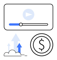 Media player with play button and progress bar, dollar sign in coin, arrows rising above cloud. Ideal for finance, video monetization, analytics, growth, streaming services, income simple landing