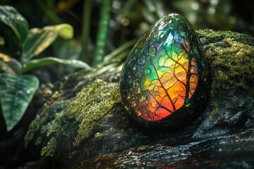 A vibrant, jewel-toned egg rests on moss-covered rock, showcasing an internal tree-like design.