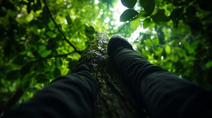 Fototapeta premium Tranquility in the Rainforest: A Low-Angle Perspective of Legs Resting Against a Mossy Tree Trunk, Surrounded by Lush Green Foliage