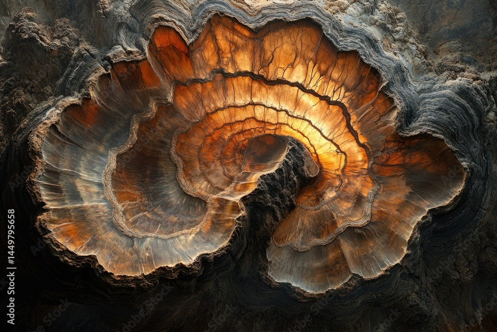 Poster intricate swirling patterns of petrified wood, showcasing nature's artistry in fossilized form.