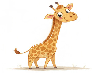 Fototapeta premium Cute cartoon giraffe isolated on white background. An adorable cartoon giraffe with a long neck and playful expression, isolated on a white background