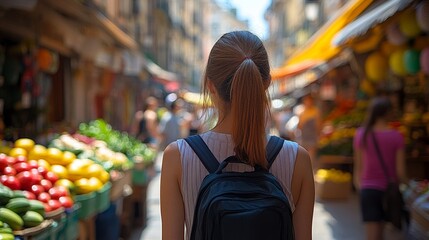 Young Woman Explores Vibrant Farmers Market, Fresh Produce and Blurred Crowd in Background