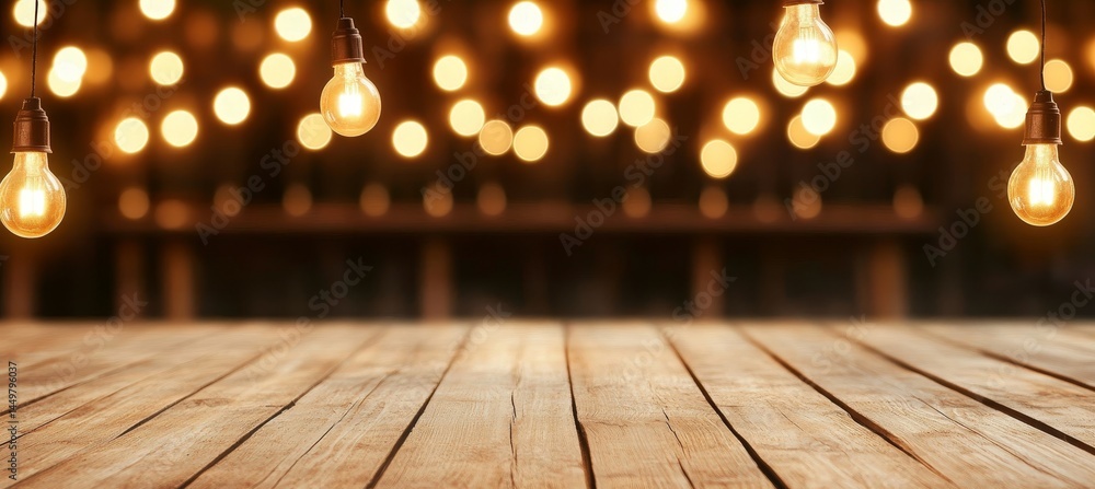 Poster rustic wooden table with festive string lights and glowing abstract golden bokeh background