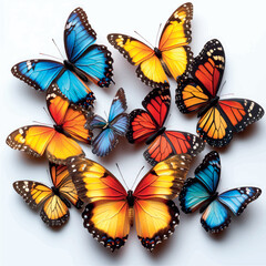 Colorful flying butterflies isolated on white background. Beautiful monarch butterflies. Butterflies print art.	