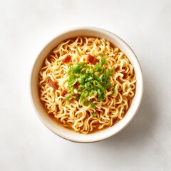 a bowl of instant noodle with green onions, on a clean white background