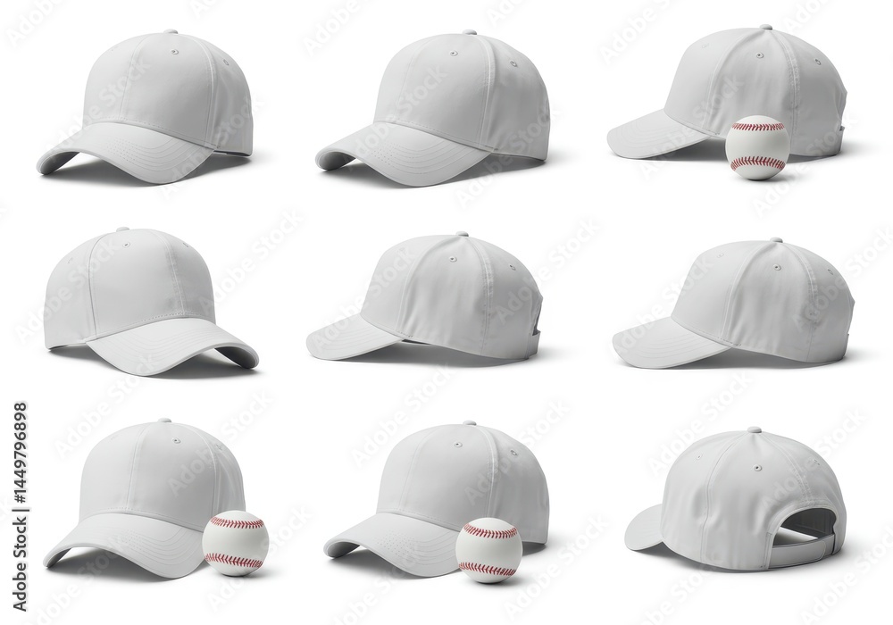 Poster selection of white baseball caps displayed in a grid pattern, some with baseballs on a white backgro