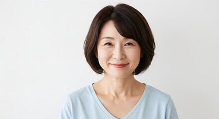 Fototapeta premium Portrait of asian woman with short dark hair smiling in light blue shirt against white background studio shot