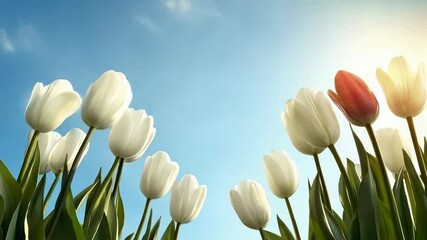 A field of white and red tulips with a blue sky in the background - Powered by Adobe