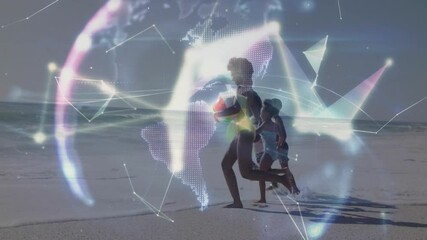 Family running on beach carrying red bucket showing technology globe with network lines - Powered by Adobe