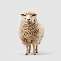a fluffy sheep standing on a plain white studio background