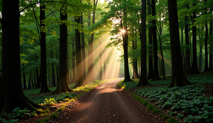 A serene forest path is bathed in warm sunlight as the sun's rays filter through the canopy above, casting dappled shadows on the forest floor.