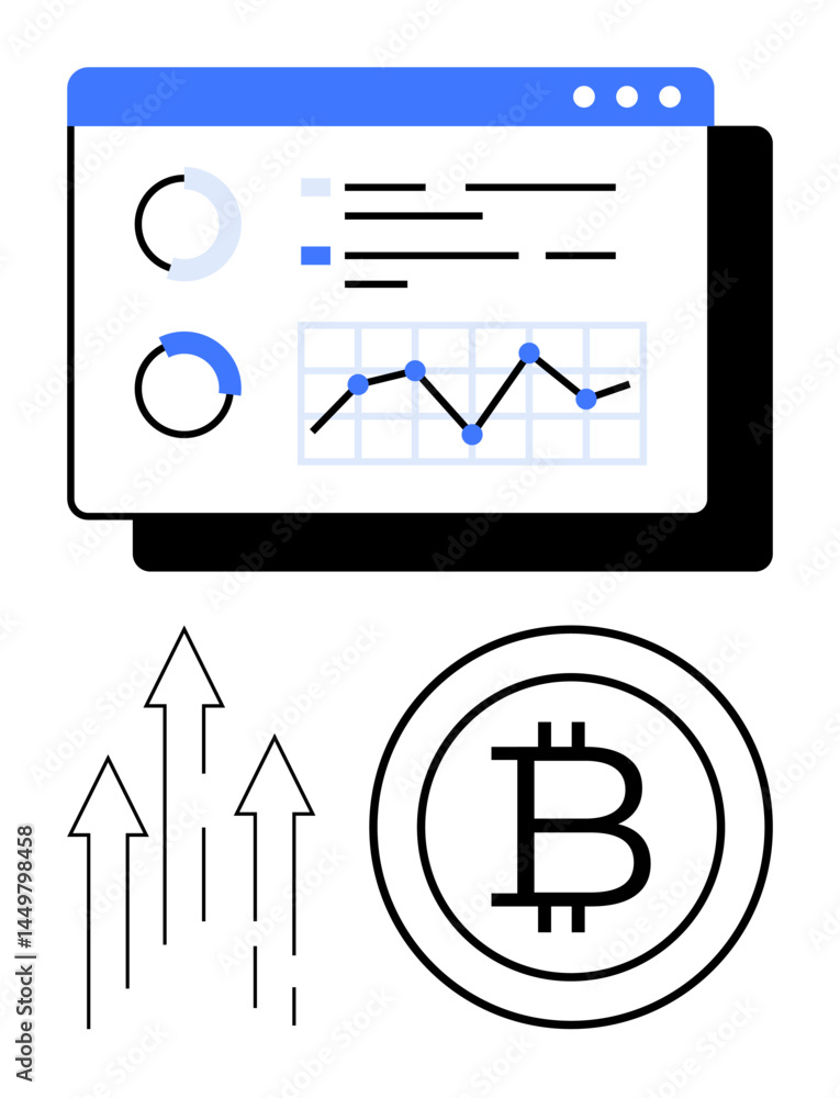 Poster data analytics platform interface with bitcoin symbol, financial graph, and rising arrow indicators.