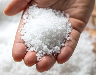 Handful Of White Coarse Salt Crystals