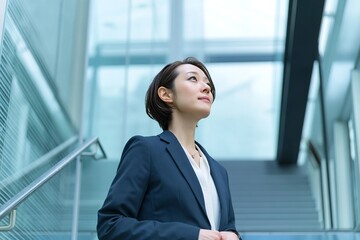 A Japanese woman in her late thirties, wearing business attire, is standing on the second floor of