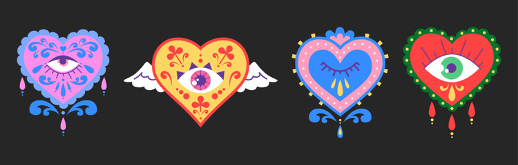 Bright collection of hearts in Mexican folk style - winged love symbol with sacred eye, floral ornaments and teardrops. Traditional Latin American patterns for greeting cards or embroidery designs.