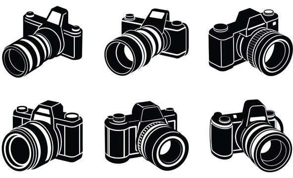 Fototapeta Camera with Zoom Lens Silhouette Vector Set – Telephoto Equipment, Professional Photography Gear