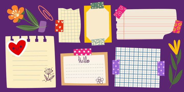 Memo note paper sheets drawn set - colorful scrapbook page designs with flowers, grid pattern elements. Stationery collection with notepad pages decorated with stickers for bullet journal or planner.