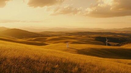Fototapeta premium Golden hillscape with a solitary figure under a warm sky.