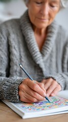A woman is drawing on a coloring book with a pencil